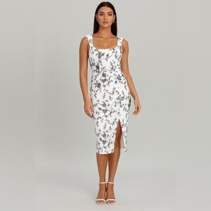 New Bariano Australia Black White Floral Embroidered Peplum Midi Dress - Size 4